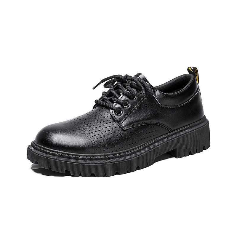 Zapatos de cuero con cordones de suela gruesa de corte bajo casual para hombre de primavera 2025 zapatos de cuero transpirables perforados de cuero de todo fósforo negro zapatos de hombre