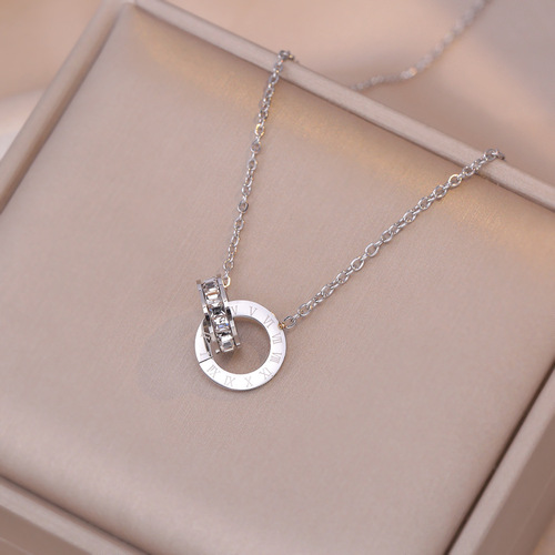 Necklace female internet celebrity new Japanese and Korean zircon Roman double ring wholesale rose gold fashion Korean version titanium steel necklace
