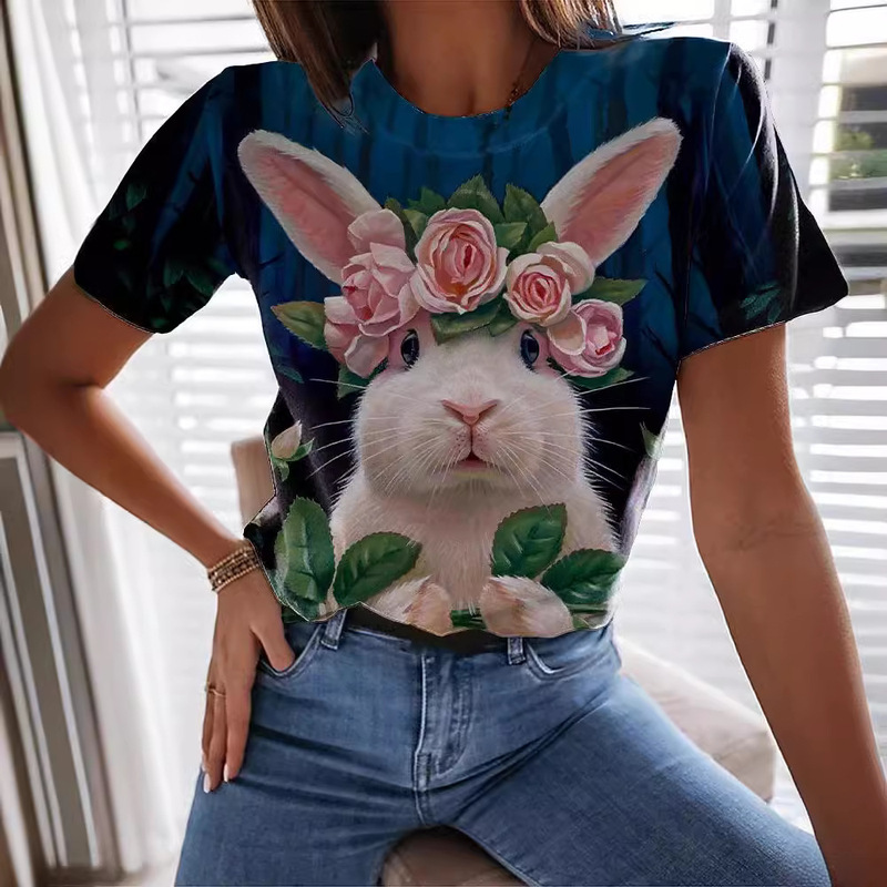 Temu Y22025 European and American Foreign Trade Easter Short-Sleeved Women's T-Shirt Happy Easter Rabbit Digital Print One