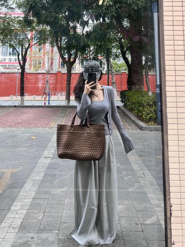 韩系早秋新款慵懒显瘦修身套装灰色吊带外搭针织开衫两件套上衣女|undefined