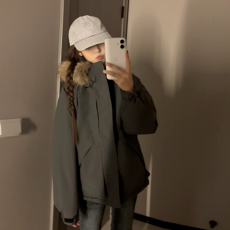 Workwear parka Korean style cotton coat for women, 2026 winter new thickened American style high-end couple's coat with large fur collar Workwear parka Korean style cotton coat for women, 2026 winter new thickened American style high-end couple's coat with large fur collar