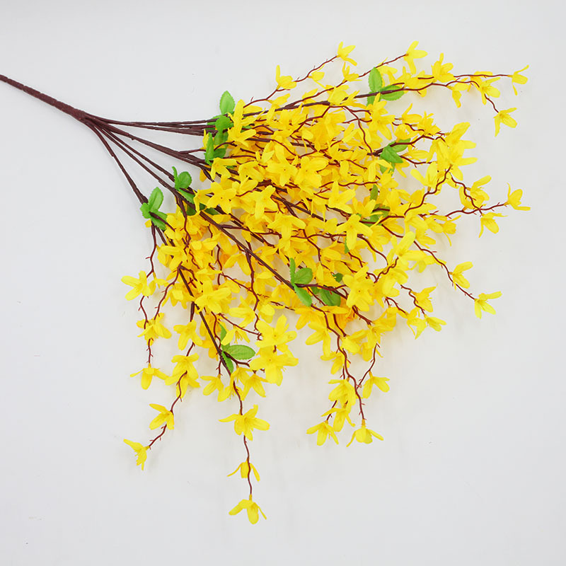 Flores artificiales, ramo de forsythia de 7 ramas para decoración de exteriores, arreglos florales, flores falsas para el hogar, flores de seda, flores al por mayor