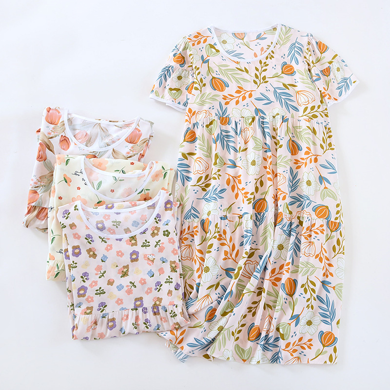 Women's Summer Middle-aged and Elderly Artificial Cotton plus size Loose Home Clothes Summer Short-sleeved Mid-length Skirt Pregnant Women's Skirt Women's Summer Middle-aged and Elderly Artificial Cotton plus size Loose Home Clothes Summer Short-sleeved Mid-length Skirt Pregnant Women's Skirt