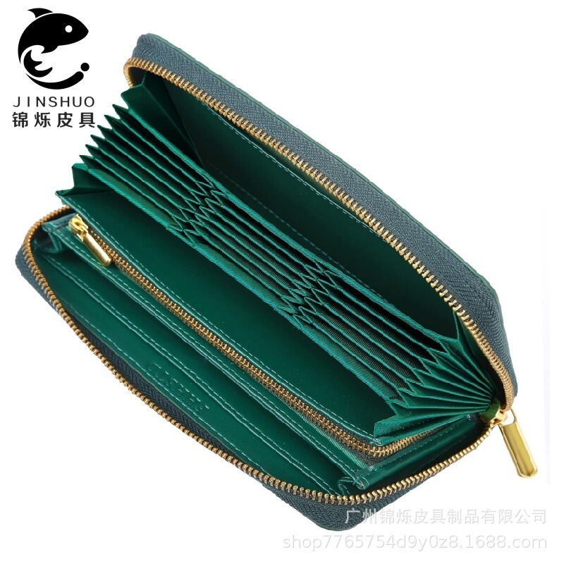 Cross-border Japanese green women's zippered genuine leather wallet, stylish, simple, multifunctional, multi-card slot accordion card holder, gift Cross-border Japanese green women's zippered genuine leather wallet, stylish, simple, multifunctional, multi-card slot accordion card holder, gift