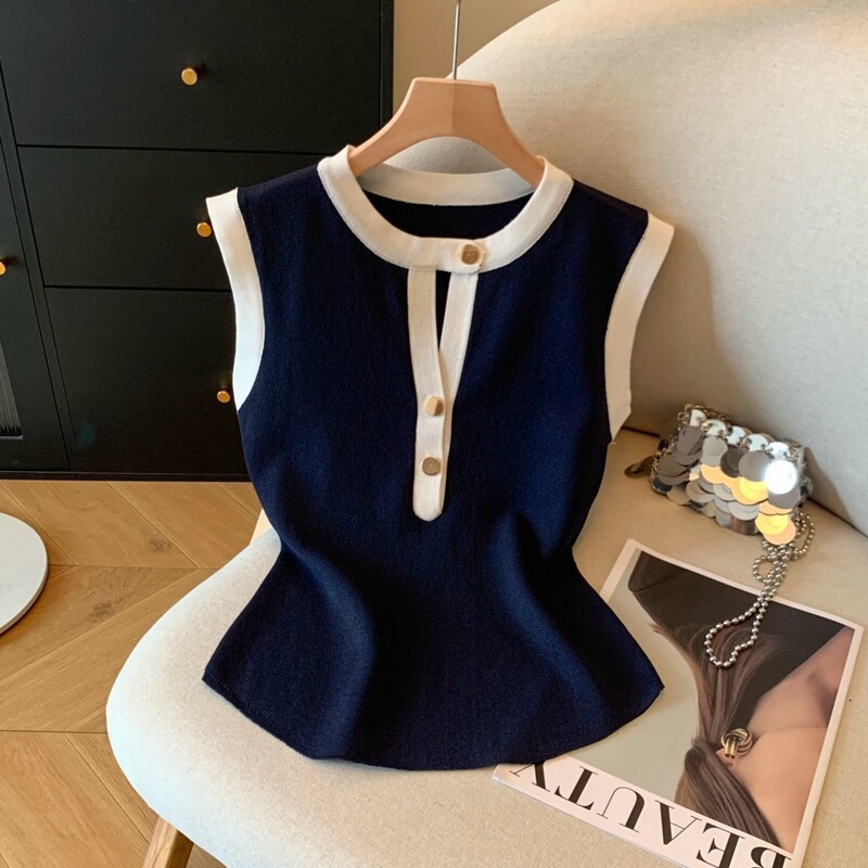 Trendy Retro Slim-Fit Round-Neck Hot Girl Hong Kong Style Color-Block Sweet Button Sleeveless Camisole Slim Summer Tank Top New Style Blouse