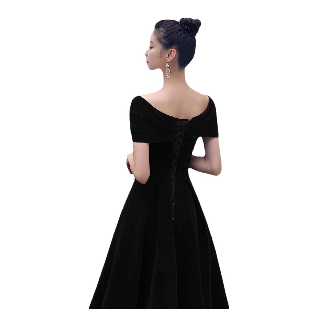 Vestido de noche negro adelgazante, talla grande, con hombros descubiertos, estilo largo, elegante para banquetes, adecuado para fiestas anuales, tallas pequeñas, otoño y primavera.