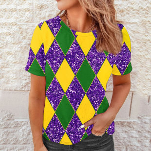 Women's Amazon European and American spring and autumn slim round neck bottoming shirt Carnival 3D printed casual T-shirt short sleeve DIY