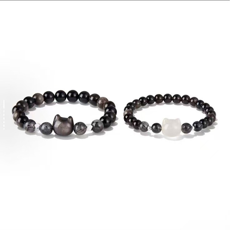 果泡 招财猫黑白萌猫银曜石手串新中式国朝百搭情侣手链黑发晶