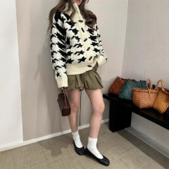 白色千鸟格立领毛衣外套女欧货设计感重磅保暖针织开衫高品质现货