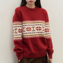 圣诞红尔岛针织衫复古提花氛围感圆领长袖毛衣秋冬圣诞红上衣均码