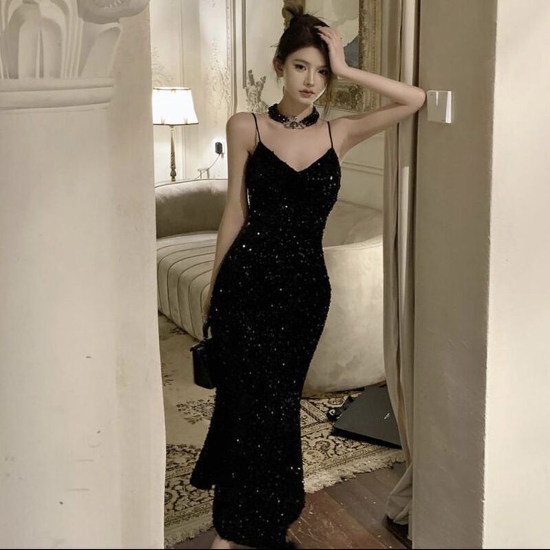 Sequin Summer Suspender Skirt New High-End Temperament Hot Girl Slimming Mid-Length Skirt Dress Sexy Dress Petite