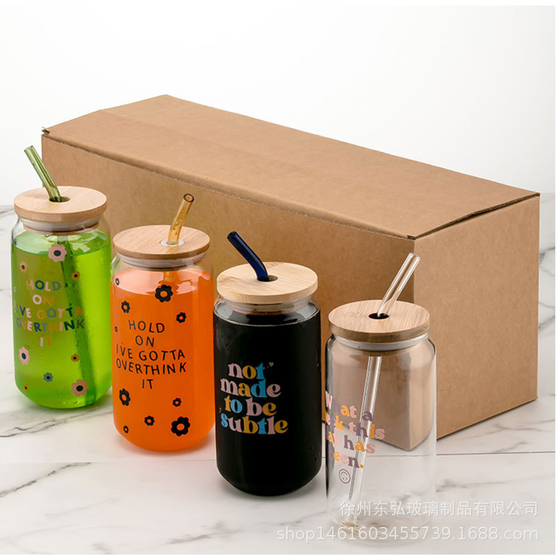 Embalaje transfronterizo red cola taza varias bebidas vidrio con paja borosilicato resistente a altas temperaturas frasco de vidrio al por mayor