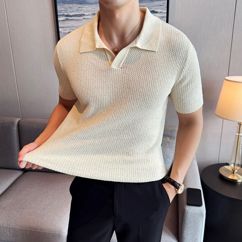New Summer Men's Short-Sleeve Polo Shirt, Hollow-Out Breathable Knit Sweater, Small Turn-Down Collar, V-Neck Men's Short-Sleeve Polo Shirt