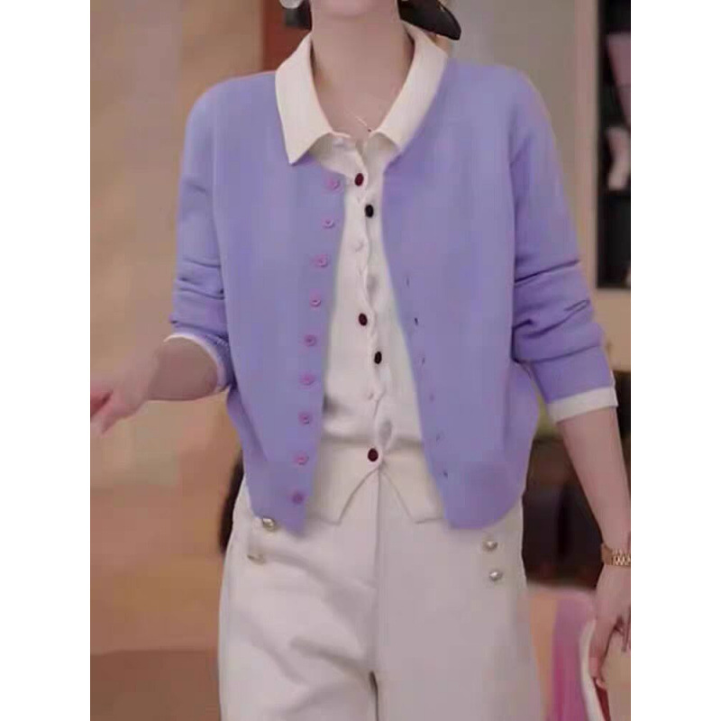 2025 primavera y otoño nuevas damas falsas dos piezas de camisa de punto cardigan de color botón solapa interior con suéter suelto