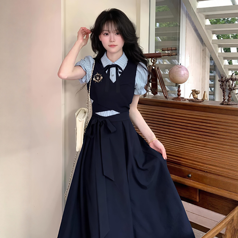 Korean Sweet High-End Bow Tie Fake Two-Piece Dress Summer Youthful and Energetic Girl New Style Skirt