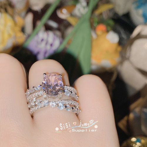 SIsi high-end small diamond stacking ring set for women, 18k micro-plated light luxury pink style niche design ring