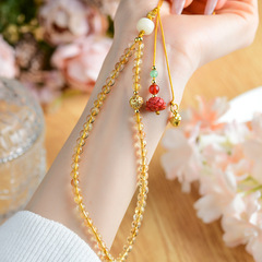 Bulk Natural Yellow Crystal Bead Lotus Fortune Bag Phone Chain Buddhist Prayer Beads Keychain Pendant Ornament Accessory
