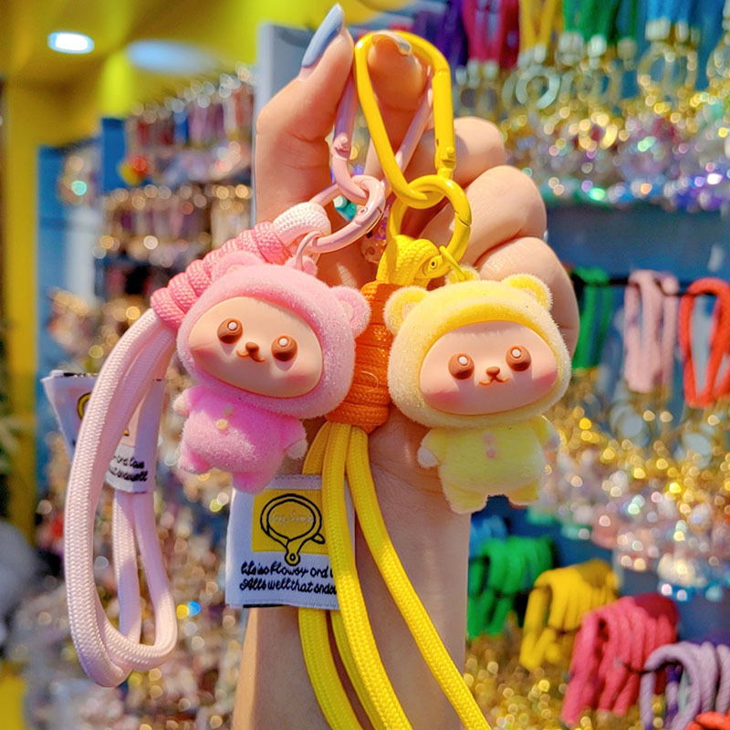 Caricatura flocado osos llavero pareja creativo llavero de automóvil lindos bolsos colgantes colgantes de teléfono móvil