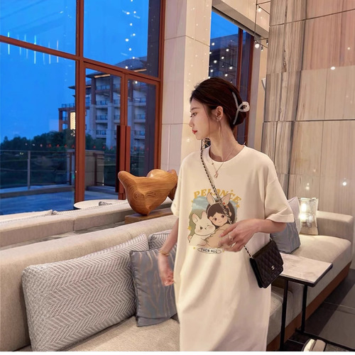2025 new summer short-sleeved dress Korean casual lazy style T-shirt skirt loose large size over-knee long skirt