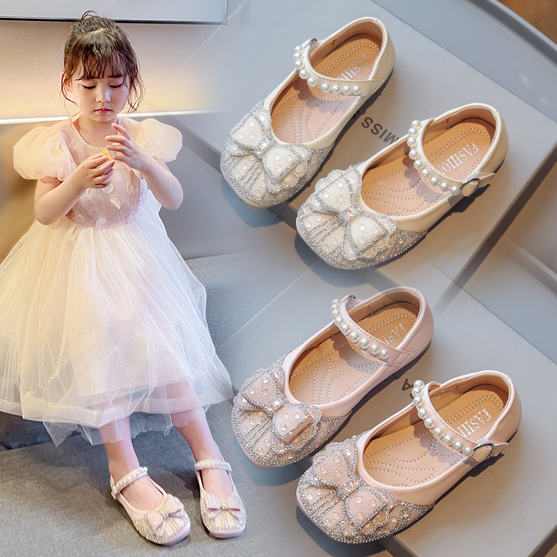Children's Small Leather Shoes 2024 Spring and Autumn New Arrival Kids Water Drill Lace Butterfly Knot Princess Shoes for Girls Performance Shoes