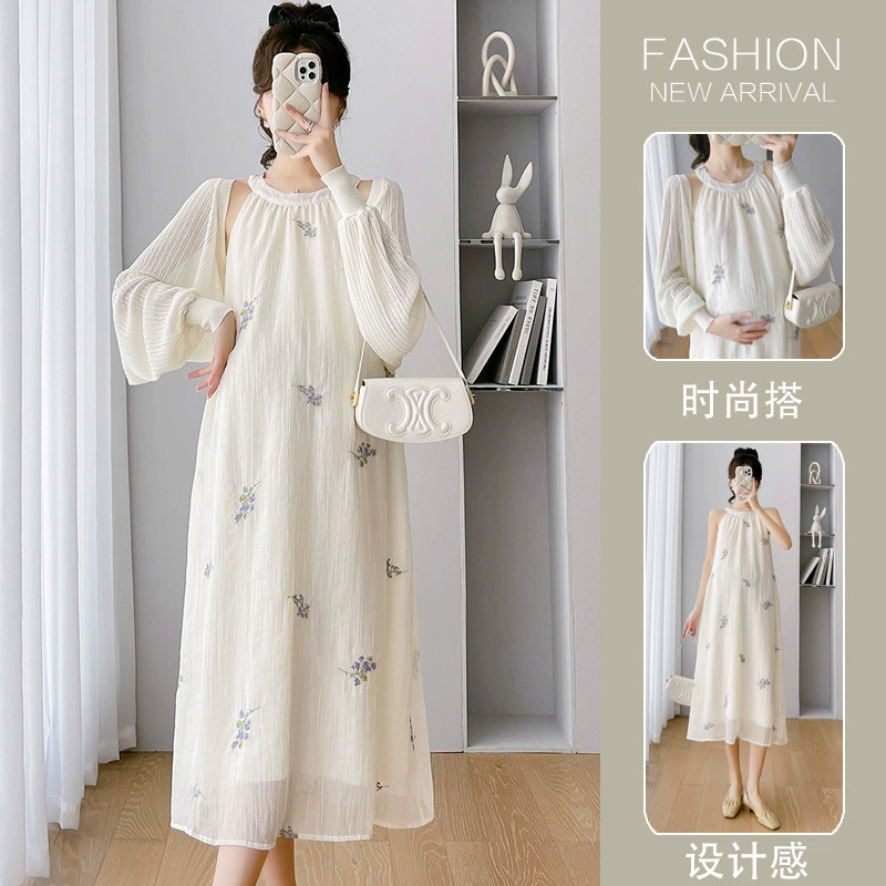 Летнее платье для беременных, тонкий шелковистый шифоновый набор цветка, эффект подтяжки, с вышивкой, солнцезащитный