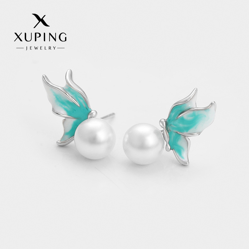 Xuping estilo francés imitación de perlas goteo de aceite mariposa serie de orejetas femeninas elegante temperamento suave viento gradiente otoño invierno orejetas