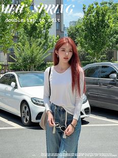 Mu Zi Love Pure White Top Shoulder All-match Base Shirt for Autumn Women's V-neck Design Sense Fashionable Pure Desire Long Sleeve Slim-fit