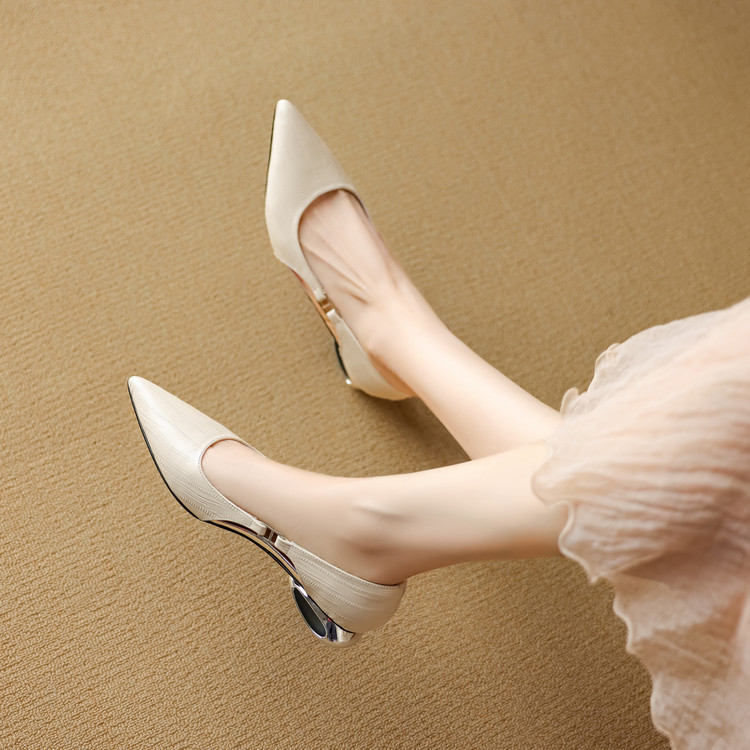 Sandal nữ da cừu mũi nhọn kín mũi gót cao kiểu Pháp — đen, Màu trắng nhạt, xanh xám