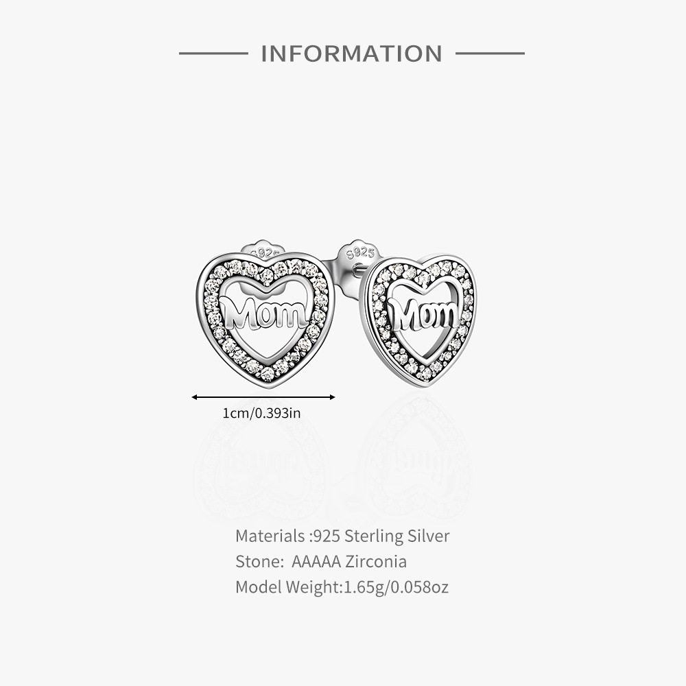 4g Weight Zircon Inlay Material Ear Studs Classification 1 Pair Quantity Daily, Festival Occasion 925 Sterling Silver Material Mother'S Day Festival Letter, Heart Shape Pattern Women's Gender Plating, Inlay Design Simple Style Style 1 Pair 925 Sterling Silver Zircon Letter Heart Shape Ear Studs 4