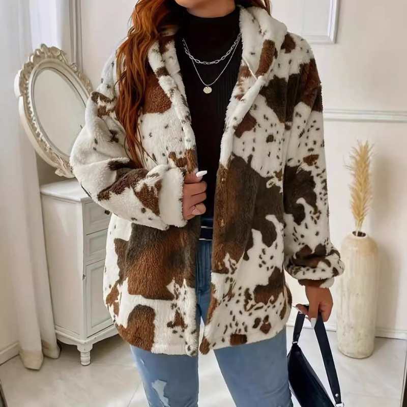 2024 autumn and winter TEMU Amazon cross-border European and American women's fashion plush hooded cow printed sweater women