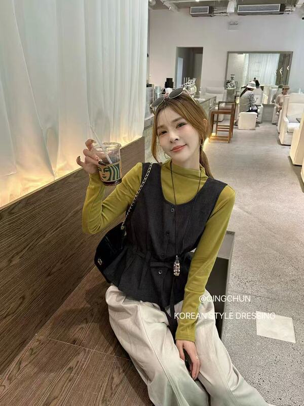 马甲长袖打底衫T恤女2025早秋季新款时尚减龄韩系气质两件套上衣|undefined