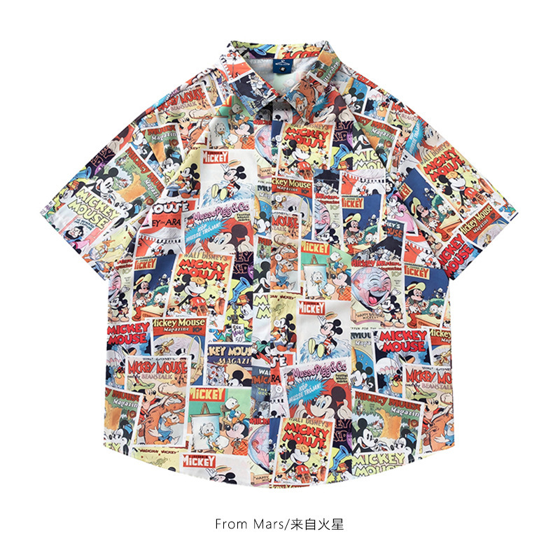 Original New Mickey chaos American street retro Mickey printed short sleeve shirt loose casual ins men