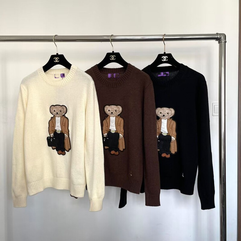 European and American Embroidered Stereo Bear Knitwear Women's Rl Cashmere Bottoming Knitwear Long-Sleeved Warm Round Neck Pullover