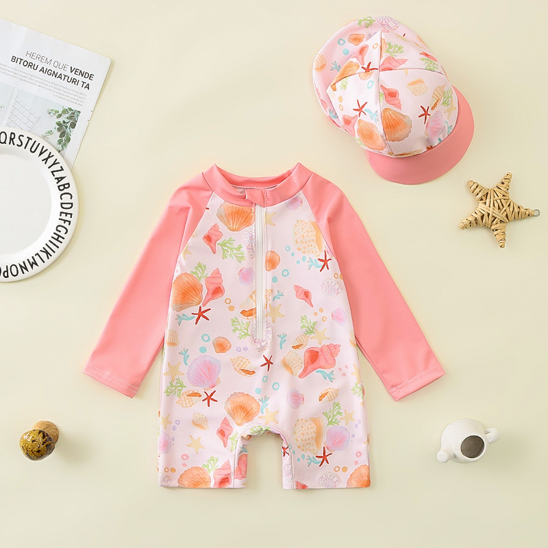Cpc Children's Clothing Girls' Shell-Printed Patchwork Sleeve One-Piece Swimsuit Long-Sleeve Romper for Baby Girls + Hat Beachwear