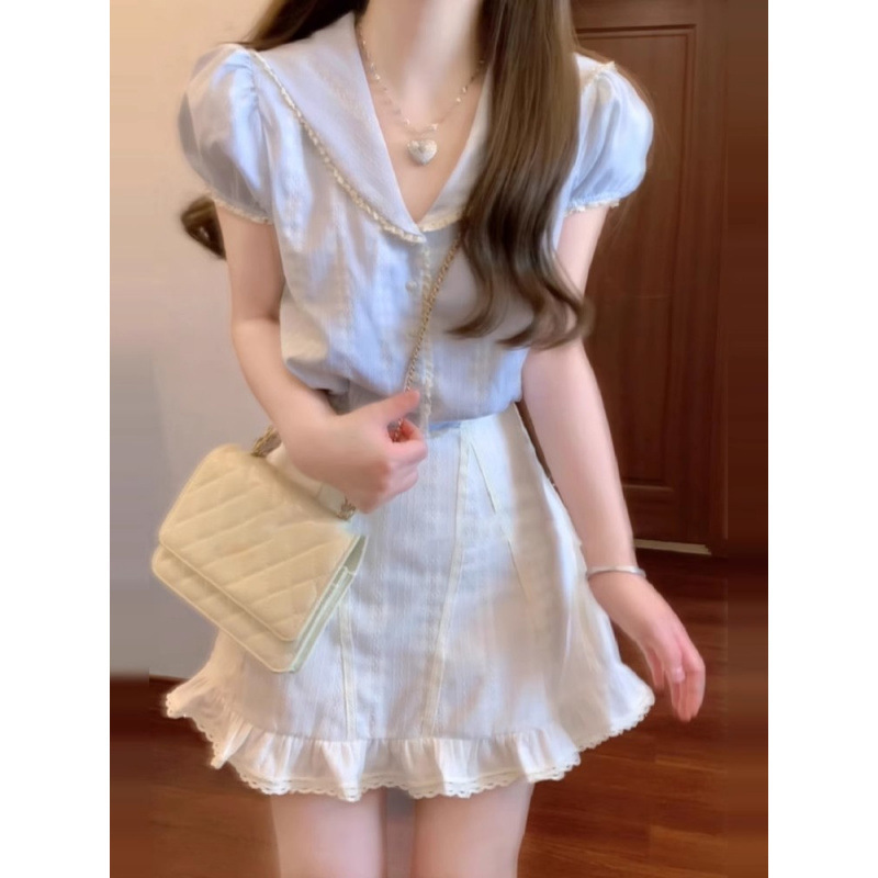 韓国風シックで優しいトップス、年齢を軽減するショートスカート、デートスーツスカート、女性の夏のマッチングセット|undefined