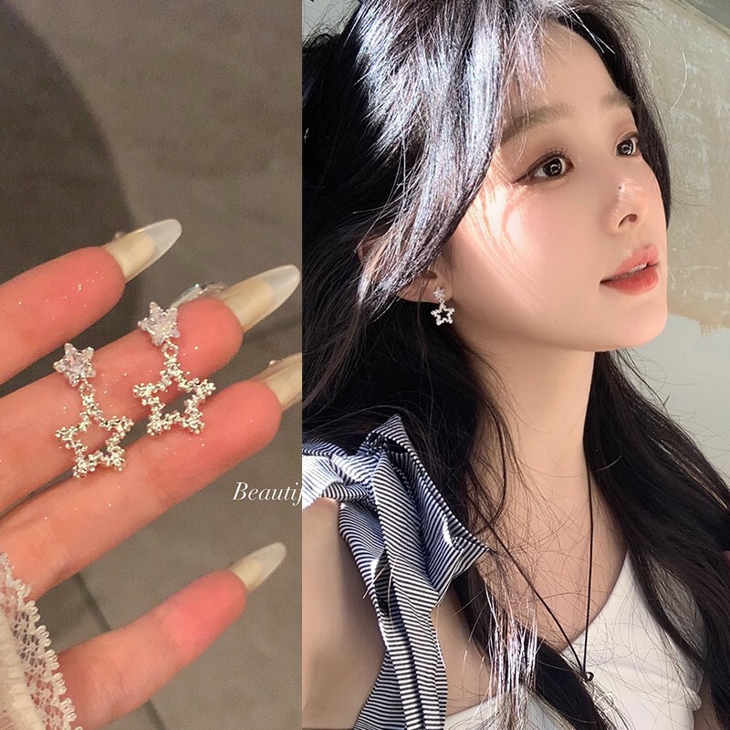 Korean Style Sparkling Zircon Star Earrings for Women, New Fashionable and Exquisite Earrings, Sweet Girl Five-Pointed Star Earrings