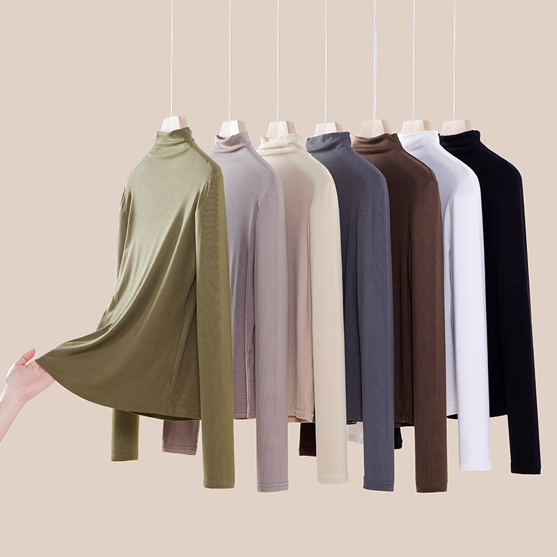 Blusa feminina de gola alta fina para outono e inverno, com mangas compridas e gola alta embutida, ideal para uso interno e externo._voghion.com