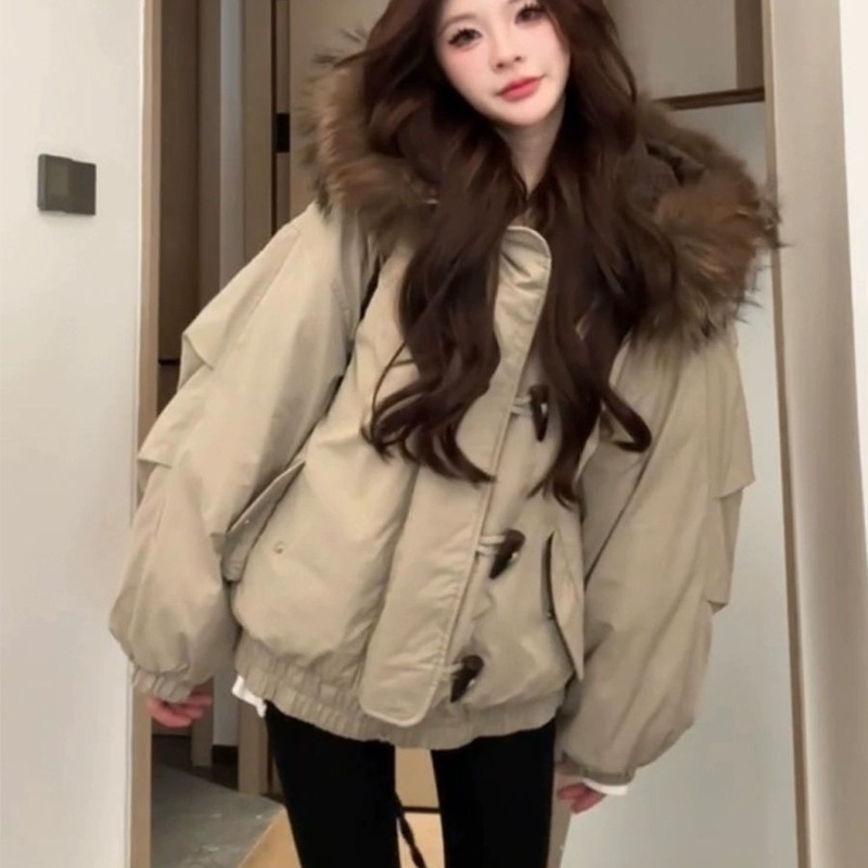 反季毛领棉服克服2025冬季新款棉衣美式复古加厚保暖牛角连帽外套|undefined
