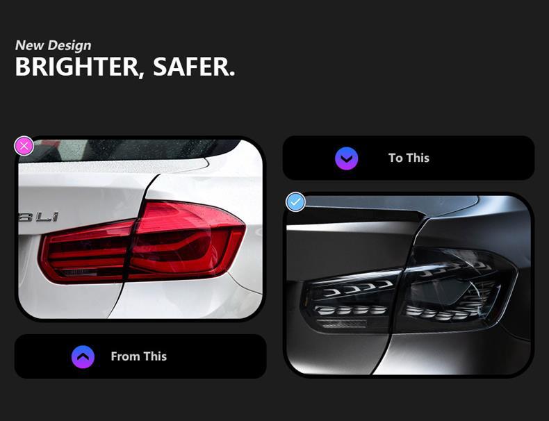 Specifically designed for BMW 3 Series F35 tail light assembly, F30 modified white dragon scale venom tail lights, sequential turn signals, and brakes