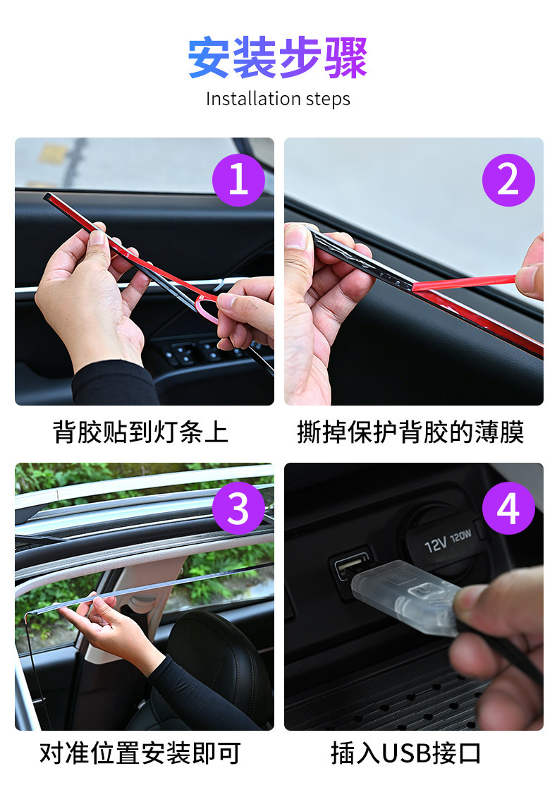 Cross-Border New Product Car Sunroof Ambient Light Led Colorful Rgb Flowing Light Strip Acrylic Interior Light Atmosphere Light
