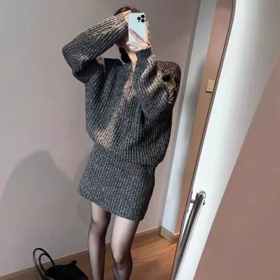 高级感气质毛衣套装裙女春秋季新款时尚甜美灰色针织裙两件套