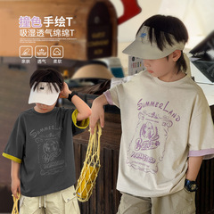 Zhengpinxuan 子供服男の子半袖 Tシャツ 2025 夏の新スタイル子供の対照的な色偽ツーピーストップス男の子半袖