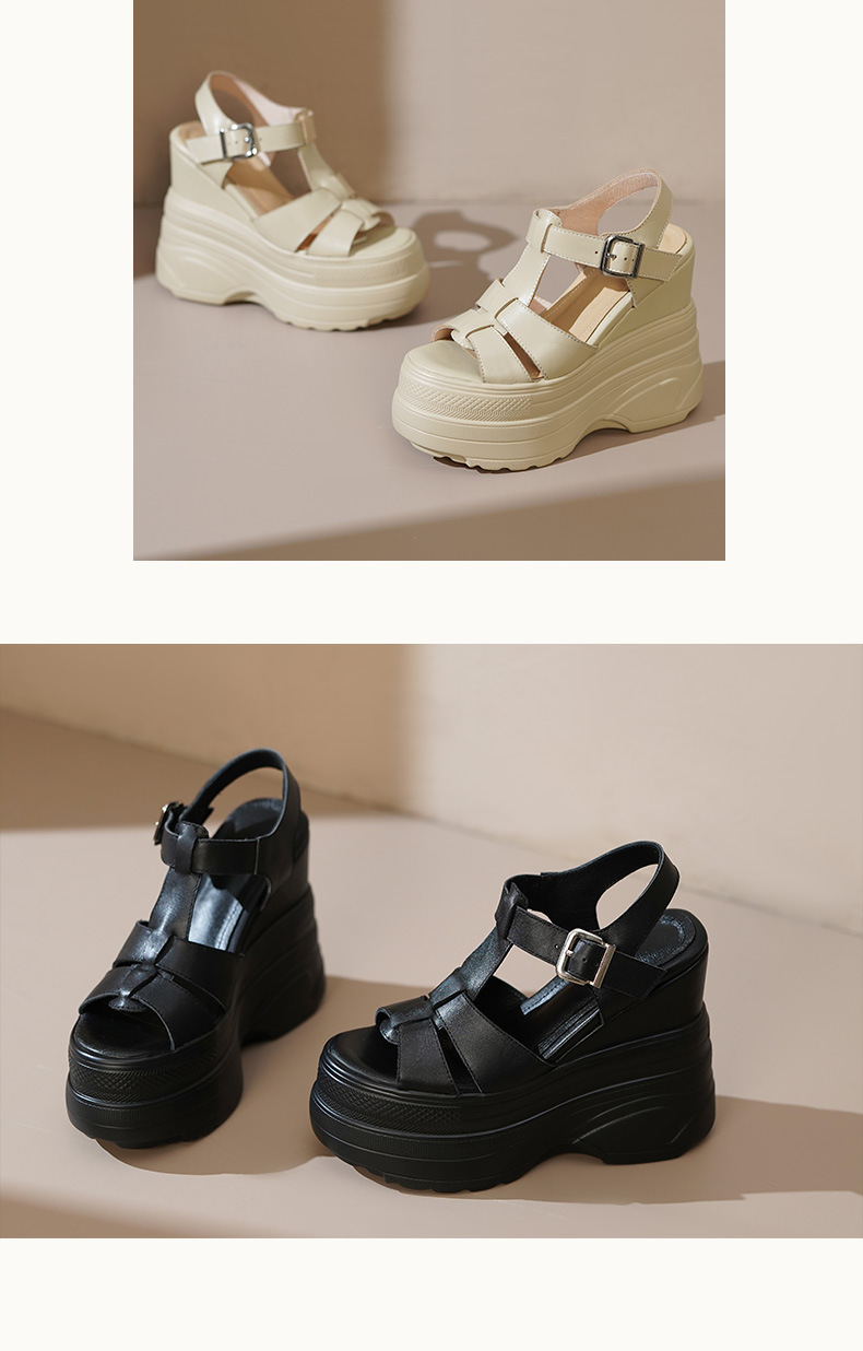 Sandal La Mã nữ đế xuồng cao 14 cm, mũi hở, phong cách đường phố — Màu đen, Màu trắng, Màu mơ chi tiết 6