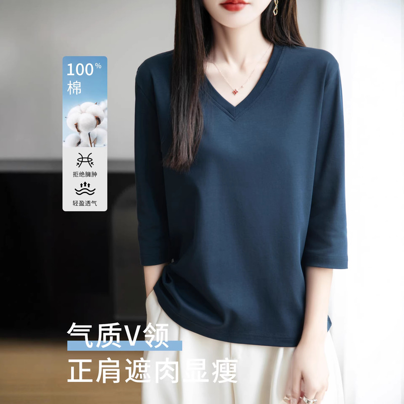 100% Pure Cotton V-Neck Three-Quarter Sleeve T-Shirt for Women, Fashionable and Age-Reducing Sweatshirt, Loose Fit, Plus Size, Mid-Sleeve, All-Cotton Top, Thin