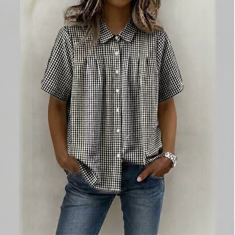 Women's Clothing Summer Women's Plaid Short Sleeve Shirt Casual Lapel Fashionable Versatile Style Top For Formal & Casual For Women_ecoleips.com