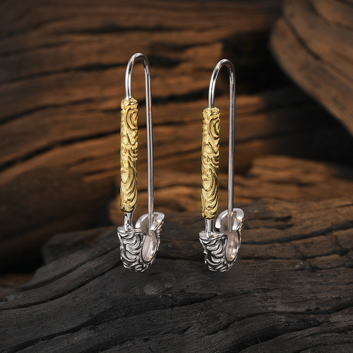 S925 Sterling Silver Tang Grass Pattern Gold and Silver Contrast Color Pin Earrings for Women Personalized Design Versatile Earrings Earrings Studs Ear Accessories