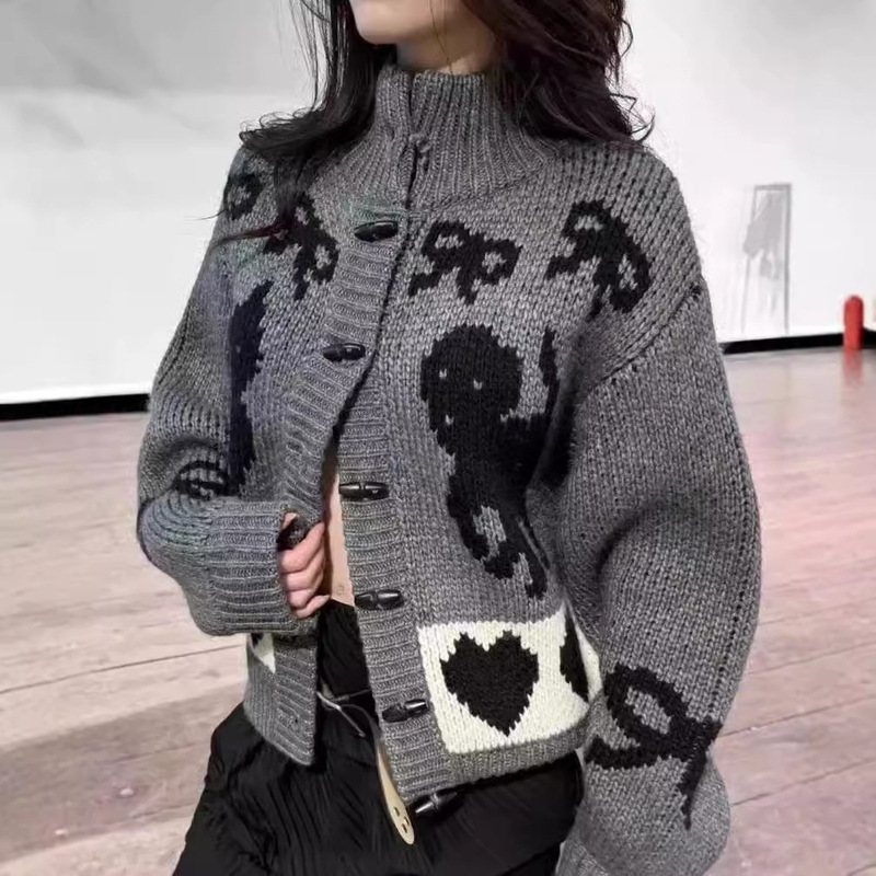秋冬新款韩版休闲慵懒风狗狗猫咪图案立领设计感针织开衫毛衣外套|undefined