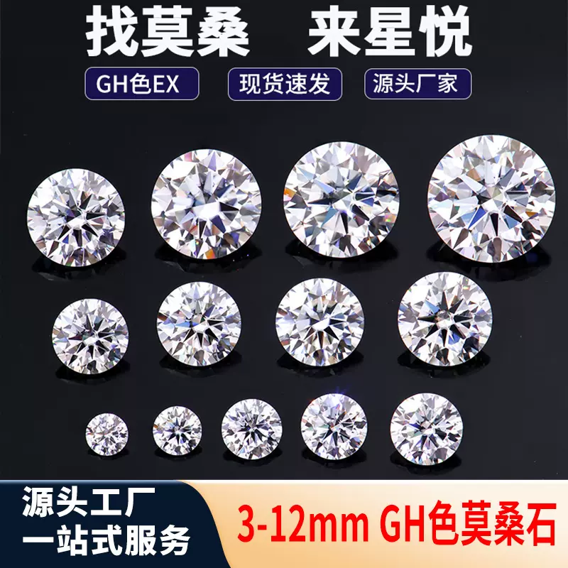 GH莫桑石梧州宝石裸石色圆形八心八箭可腰码戒指项链手链主石