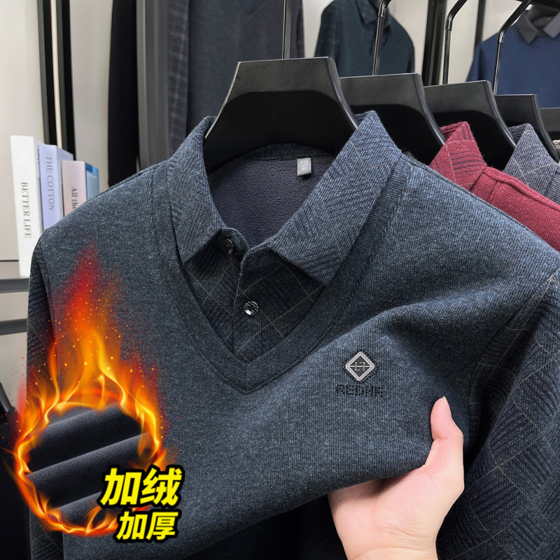 Men's Winter New Style Sweater with Fleece Lining, Faux Two-Piece Design, Warm Base Layer Knitwear for Middle-Aged and Elderly Dads Men's Winter New Style Sweater with Fleece Lining, Faux Two-Piece Design, Warm Base Layer Knitwear for Middle-Aged and Elderly Dads
