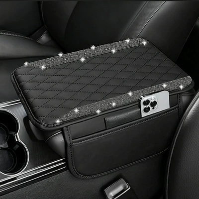 Leather Hot-Selling Car Armrest Mat, Armrest box pad - black-rhinestones